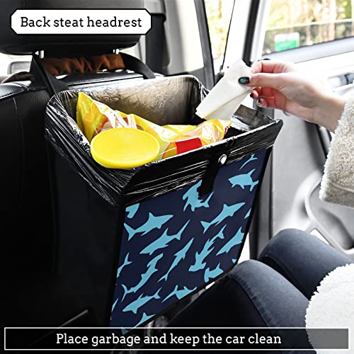 Image of Funny Shark Car Trash Can, Foldable Hanging Car Trash Bag, Animals Dark Blue Small Waterproof Car Accessories Garbage Bin