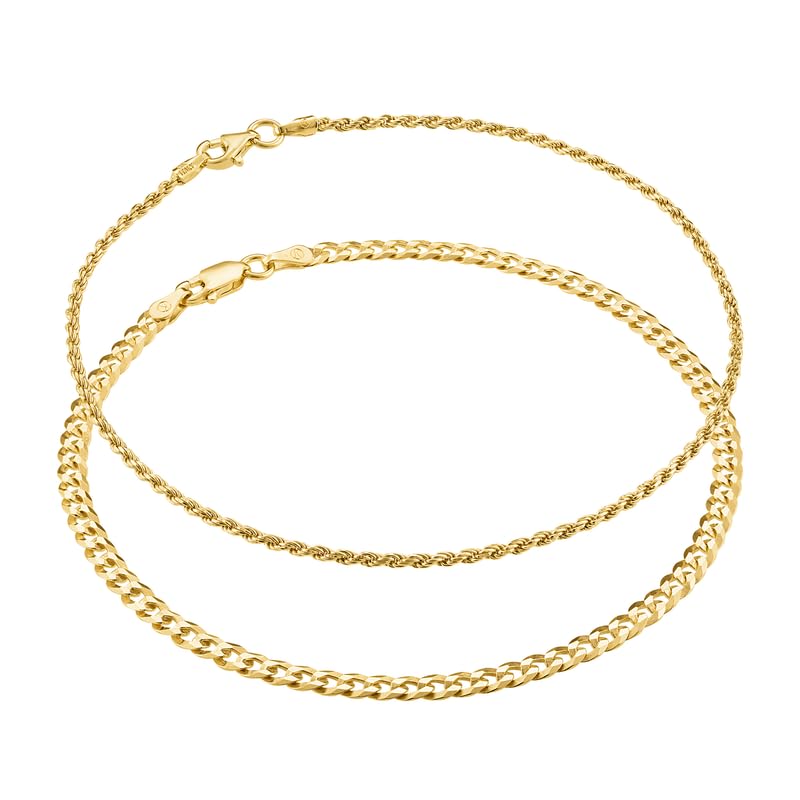 KISPER18K Gold Over 925 Sterling Silver Italian 3.5mm Solid Diamond-Cut Cuban Link Curb Chain & 1.5mm Twisted Braided Rope Link Chain Anklet Ankle Bracelet for Women - Made in Italy, 11"