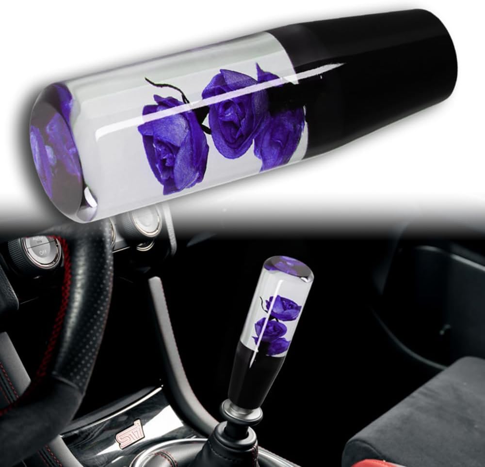 W-POWER Universal 15CM JDM Clear Real Flowers Durable Acrylic Manual Car Gear Stick Shift Knob, 5 6 Speed for Manual Automatic Vehicles with Adapters (Purple Flower)