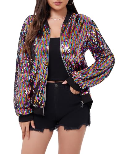 WULFUL Women's Sequin Jackets Sparkly Glitter Long Sleeve Front Zip Bomber Blazers Party Costume Multicolor