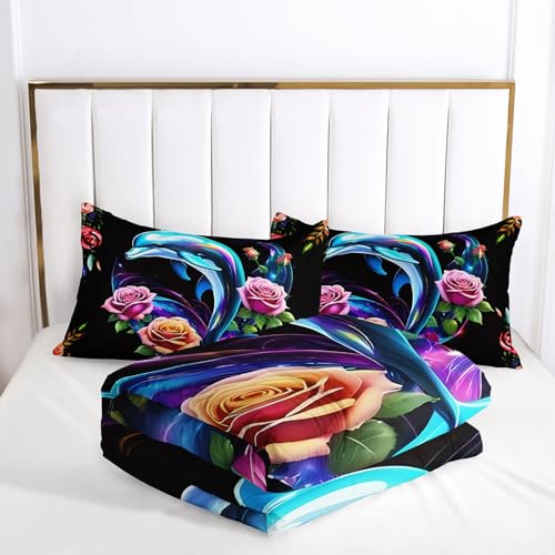 Image of AILONEN 3D Jumping Dolphin Comforter Set Twin Size, Rose Flower Leaf Bedding Set for Kids Girls Boys,Dolphin Ocean Animal Print Duvet Set 3Pcs for Bedroom Decor,1 Quilt and 2 Pillowcases,Soft