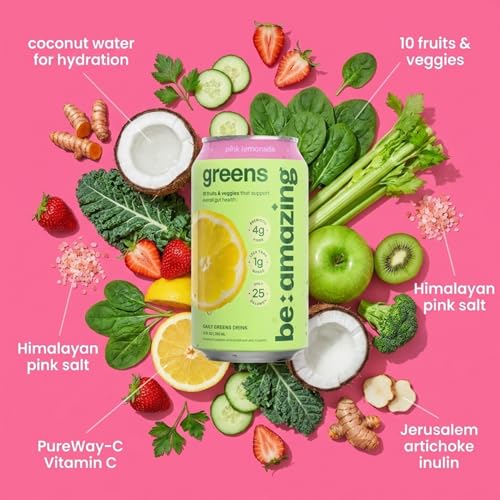 Image of Be Amazing Greens Drink, Pink Lemonade, Ready to Drink, 10 Organic Fruits & Vegetables, Coconut Water, Vitamin C, Prebiotic Fiber, 25 Calories, Low Sugar, Vegan, Gluten Free, On the Go, 8 Pack