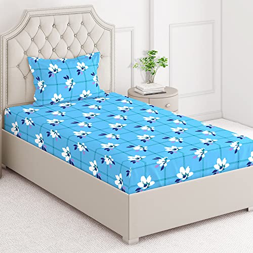 Image of Layers 100% Cotton Bedsheet for Single Bed with 1 Pillow Cover (Floral Pattern, Blue) Light Weight, Breathable, Moisture Absorbent, All Season Comfort, Classic Collection