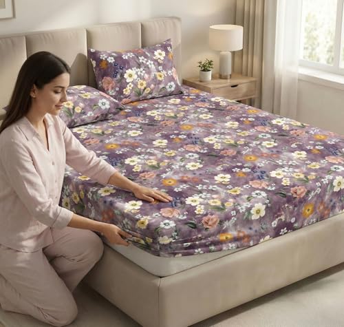 Image of VAS COLLECTIONS Double Bed 160 TC Cloud Cotton Fitted Bedsheet (78x72+10 Inches) | Elastic Deep Pocket Cotton Bed Sheet | Soft, Breathable Bedding for Home & Hotel (Purple Petal Harmony)