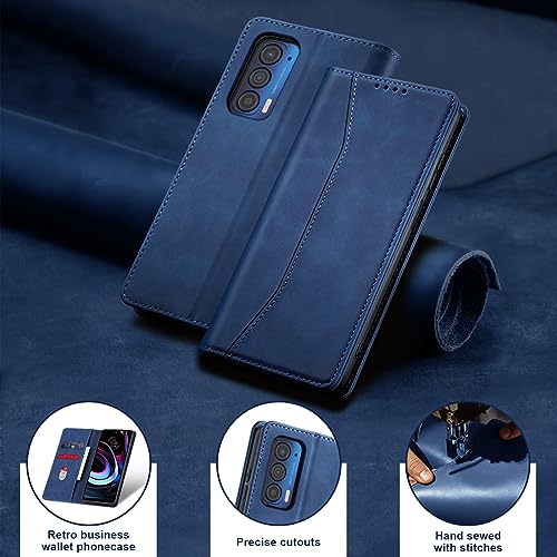 Image of Jasonyu Flip Wallet Case for Motorola Edge 5G UW /Moto Edge (2021),Leather Magnetic Folio Cover with Card Holder,Kickstand - TPU Shockproof Durable Protective Phone Case,Blue