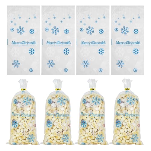 100pcs Christmas Cellophane Bags Christmas Sweet Bags Xmas Snowflake Clear Treat Sweet Goody Bag with Twist Tie for Xmas Party Supplies Y8XH100PKD