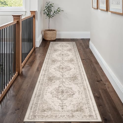 Runner Rug 3x8 Beige Hallway Washable Carpet Non Slip Vintage Medallion Carpet Low Pile Soft Distressed Retro Indoor Long Rug for Entryway Kitchen Bathroom Laundry Bedroom