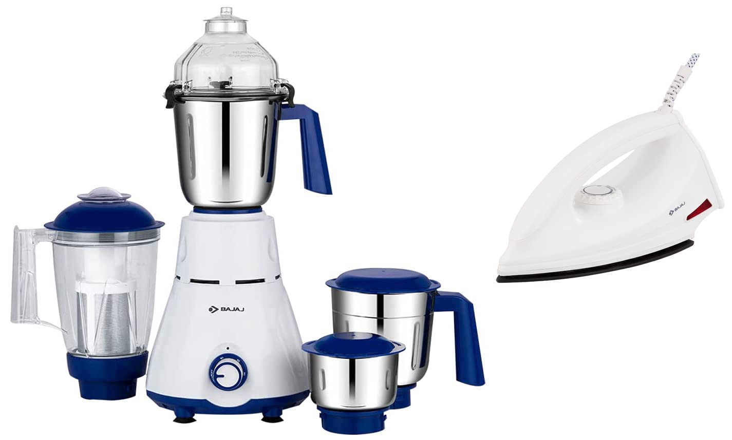 Bajaj Rex 750W Mixer Grinder with Nutri Pro Feature, 4 Jars, White & Majesty DX-11 1000W Dry Iron with Advance Soleplate and Anti-bacterial German 