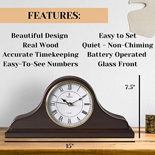 Mantle Clock, Wooden Mantel Clock For Living Room Décor - Silent, Wood, Battery Operated Mantle Clock For Fireplace Mantel, Office, Desk, Shelf & Home Décor Gift, 15X7.5 Inch #TOP4