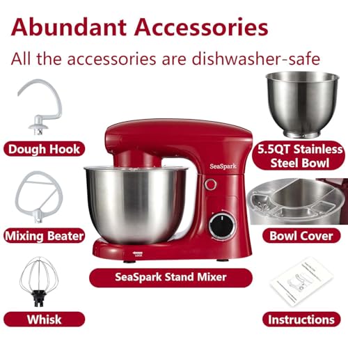 Image of Stand Mixer, 3 in 1 Stand Mixer, 5.5Qt Electric Mixer, Mixer with Stainless Dough Hook, Wire Whip & Beater, Food Mixer for Baking, Cake and Most Home Cooks, Red