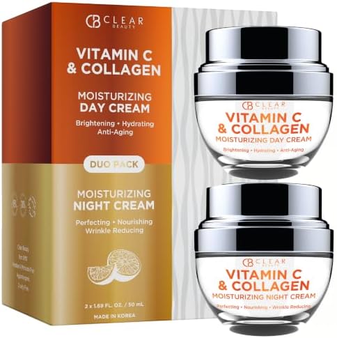 Clear Beauty Vitamin C & Collagen Face Moisturizer - Hydrating Anti Aging Day & Night Cream - Firms Smooths & Evens Skin Tone - Dermatologist Tested, Korean Skin Care Set, Clean Beauty - Duo Pack