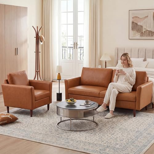 Image of Kingfun Faux Leather 3 Seat Couch for Living Room, Mid Century Modern Sofa with Rolled Arms and Deep Seats, Fluffy Comfort for Apartment, Easy to Assemble, Mid Brown