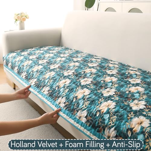 Image of HOKIPO 'Florentina Series' Premium Holland Velvet 5 Seater Sofa Cover Mat in 3+1+1 Configuration with Foam Filling for Extra Softness, Anti-Slip Backing, Pansies Teal (IN-881+878 * 2-V5)