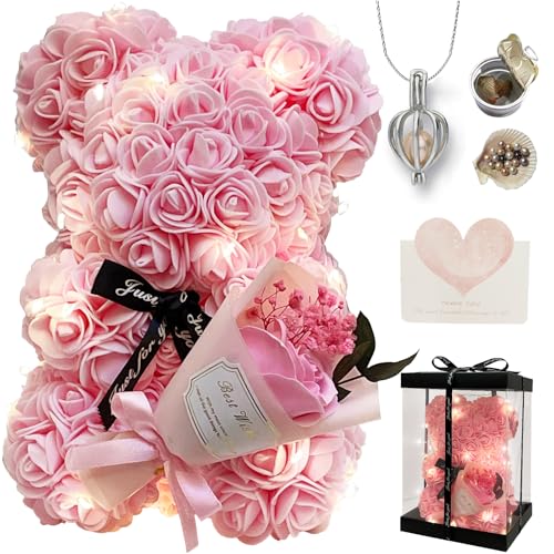 MS.ROXYQUE Romantic Valentines Day Gift for Her Artificial Flowers Bouquet Necklace Rose Teddy Bear with Real Pearl Blind Box Birthday Gift Valentiness Day Gift for Monther Wife Girl (Pink)