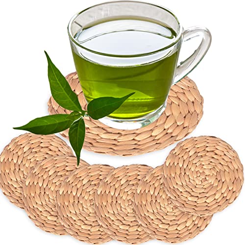 Water Hyacinth Drink Coasters Set of 6, Boho & Farmhouse Style, Absorbent & Cute, Perfect for Living Room & Desk