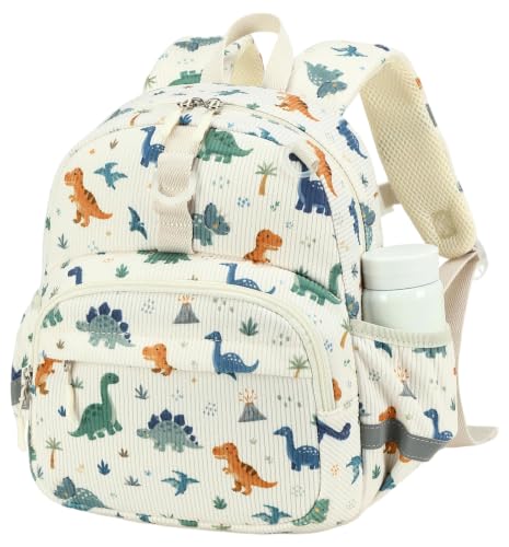 Image of LOIDOU Toddler Backpack for Boys Ages 2-4, 12 Inch Mini Preschool Daycare Bookbag with Insulated Snack Pocket, Corduroy Small Kids Travel Backpack with Chest Strap,Beige Dinosaur
