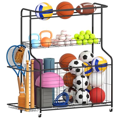 Sports Equipment Organizer Heavy Duty Rolling Garage Storage Rack