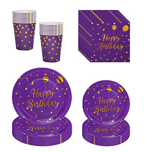 ZOOMPIL Juego de vajilla de Fiesta Morado y Dorado, Puntos Dorados Platos, Vasos y servilletas para Bodas, cumpleaños, Baby Shower, Sirve para 16 Invitados