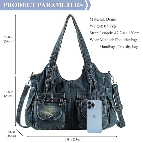 Image of Designer Denim Handbags for Women Hobo Tote Bag Crossbody Denim Purses Blue Jean Shoulder Bag