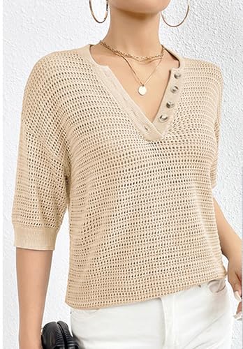 Image of Women's Hollow Out Half Sleeve Shirt Summer V Neck Knit Sweater Casual Loose Fit Pullover Top