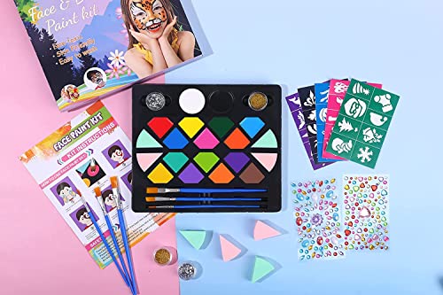 Bobisuka Face Painting Kit For Kids - 16 Colors Water Based Body Face Paint Includes Brushes,Sponges,Glitters,Gem Sheet,Instructions,Stencils For Halloween Party Costume Sfx Makeup #TOP6