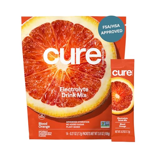 Image of Cure Hydration | Plant-Based Electrolyte Drink Mix | No Added Sugar | FSA-HSA | Dehydration Relief Powder Made with Coconut Water | Non-GMO | Vegan | Pouch of 14 Packets - Blood Orange