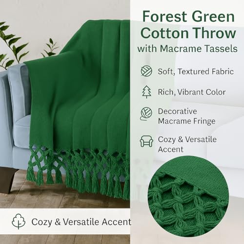 Image of HAKAM Cotton Throw Blanket with Macrame Tassels for 3 Seater Sofa | Ideal for Your Home, Living Room, Sofa, Bed, Chair, Picnic & Used for Gift - 50X70 inch (Dark Green, Small Single)