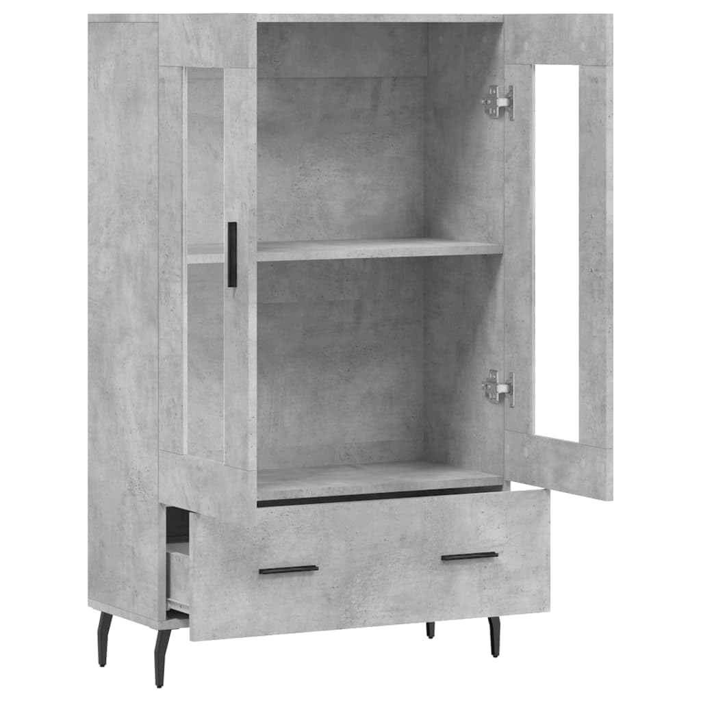 Nowoczesna komoda betonowa szara, 69,5 x 31 x 115 cm, materiał drewnopochodny, ze szklanymi drzwiami i metalowymi nogami, wszechstronne miejsce do przechowywania do salonu i jadalni