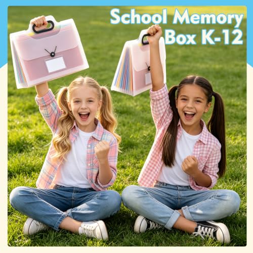 Caja de recuerdos escolares para niños K-12, álbum de fotos y libro de recuerdos del primer y último día de clases, cuaderno de recuerdos preescolar a 12.° grado, organizador de archivos con 13 bolsillos y asa miniatura 6