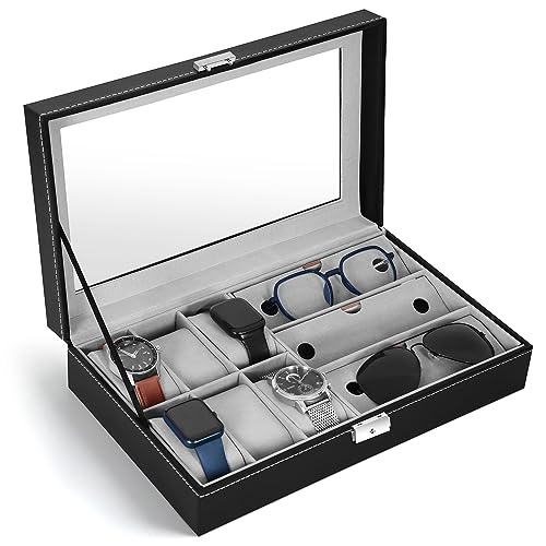 ABOUT SPACE Watch Box – PU Leather Watch Organizer for Men Sunglass Box for Women with Press Lock & Key, 6 Removable Watch Slots & 3 Removable Sunglasses Slot for Storage & Clear Display (Black- D 33 X W 20 x H 8 cm)