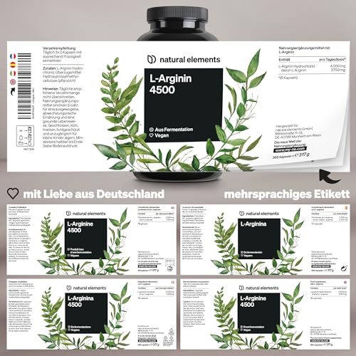 L-Arginin Kapseln von Natural Elements 365 vegane Kapseln 4500 mg