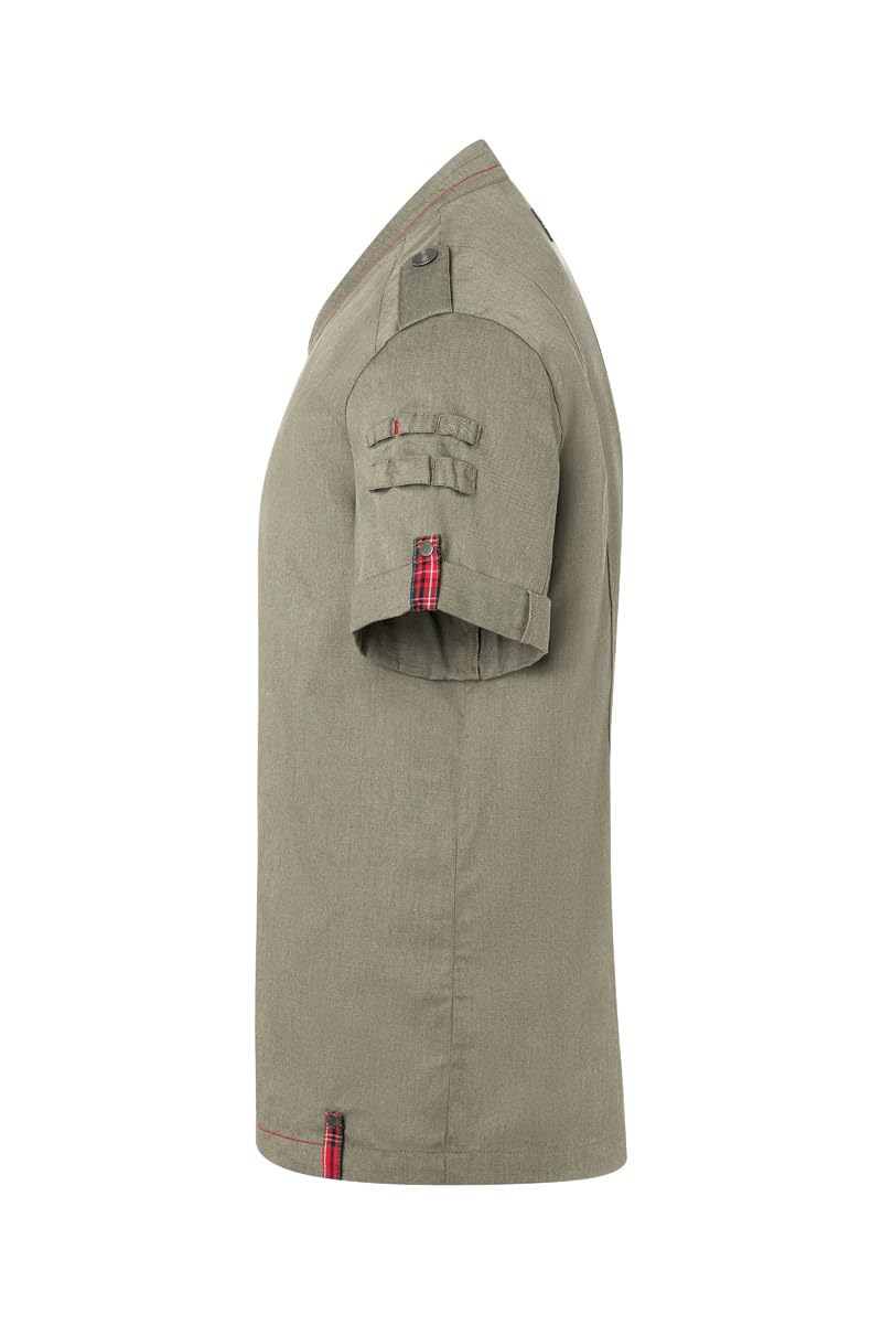 Karlowsky Kurzarm Herrenkochjacke Denim-Style Stage2 Druckknöpfe Polyester/Baumwollmix OEKO-TEX pflegeleicht vintage moss green