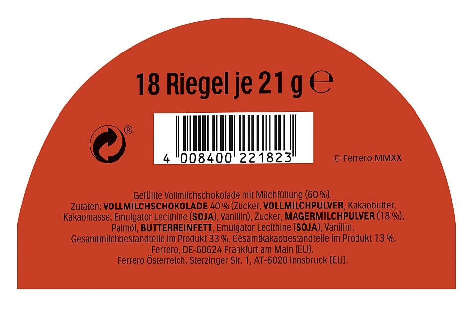 Kinder Riegel - 18 Einzelriegel, einzeln verpackte Schokoriegel, zartschmelzende Vollmilchschokolade mit Milchcremefüllung, ohne Farb- und Konservierungsstoffe – 378g 5