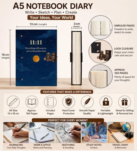 Image of Blue 11:11 Diary Notebook 7x5 Inch 160 Pages Unruled Journal for Writing