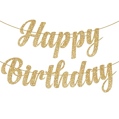 KatchOn, Glitter Gold Happy Birthday Banner Prestrung - 10 Feet, NO DIY | Gold Happy Birthday Sign | Happy Birthday Gold Banner for Gold Birthday Decorations | happy birthday decorations gold banner