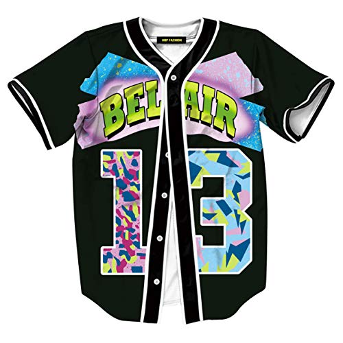 HOP FASHION Womens 80s 90s Theme Party Baseball Jersey Short Sleeve Button Tops Tee Shirts HOPM007-127-M