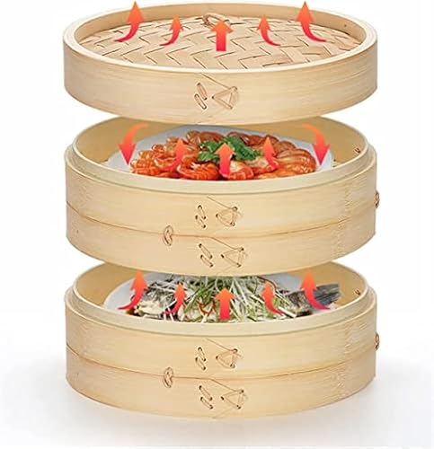 Fegson 竹セイロ 本体2個・蓋1個, 蒸篭 付き ふた蒸し器多用途 業務用 餃子 饅頭 点心 手織り 蒸気サイクル 二段 竹蒸し器 食卓 料理蒸篭 セット 家庭用 業務用 (22CM(本体2個・蓋1個))