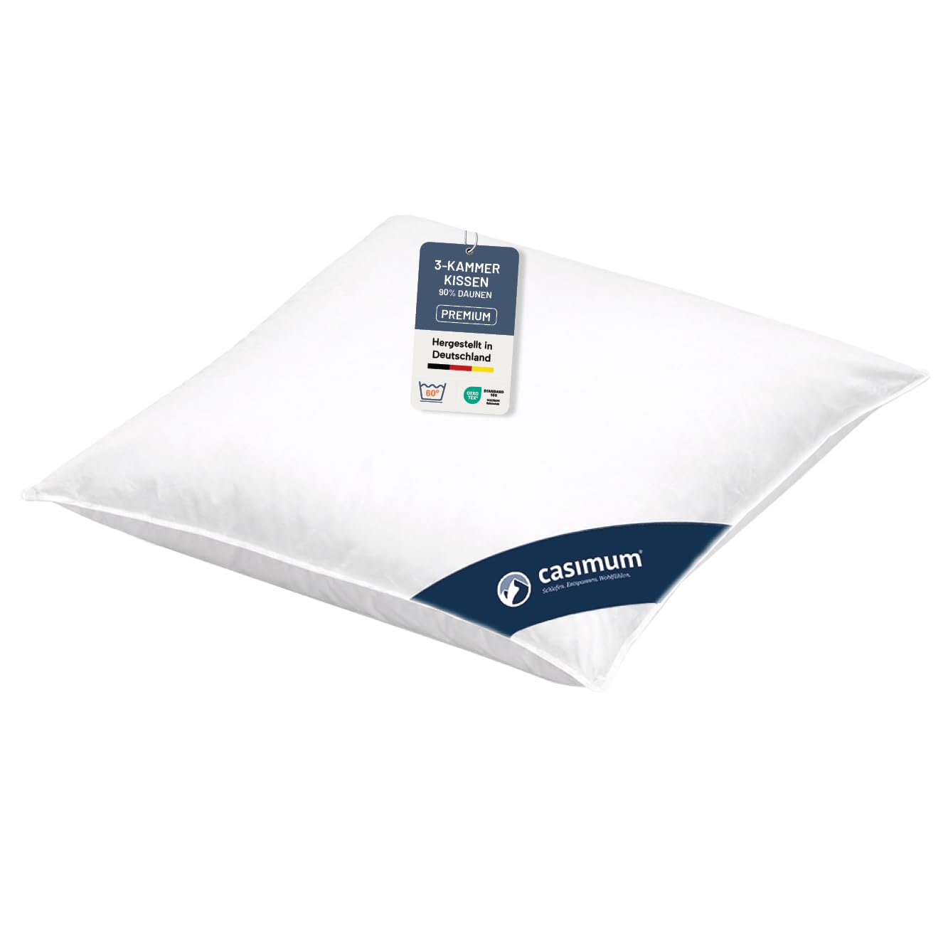 Daunenkissen 80x80 cm, Premium 3-Kammer Daunen Kopfkissen, Made in Germany | 90% Daunen (Außen), Daunen Kissen für Allergiker NOMITE, Dreikammerkissen aus 100% Baumwolle, OEKO-TEX STANDARD 100