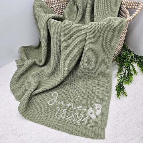 Image of Noni Luxury Personalized Name and Birthday Baby Blanket - Embroidered, Soft Breathable Cotton Knit for Newborns - Valentine's Gift for New Moms