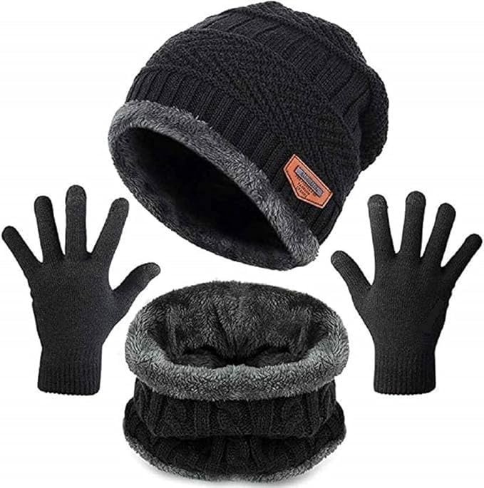 GIFFEMANS Winter Knit Beanie Cap Hat Neck Warmer Scarf and Woolen Gloves Set for Men & Women (3 Piece)-image-20