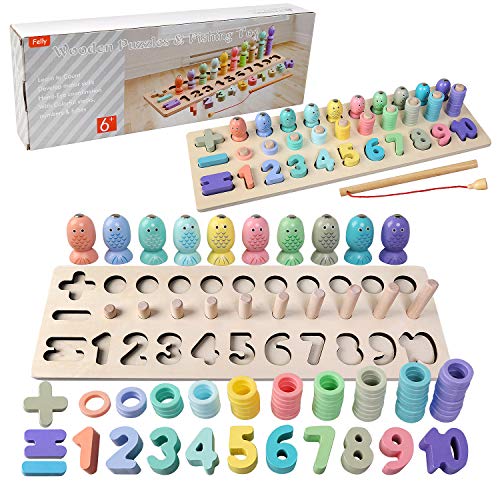Felly Montessori Speelgoed voor 1 2 3 4 jaar oud, Educatief tellen Houten Blokken Puzzel Wiskunde Sorteren Stapelen Nummer Telbord Vissen Pole Game Play Set Leren Speelgoed voor Peuter Kleuterkinderen