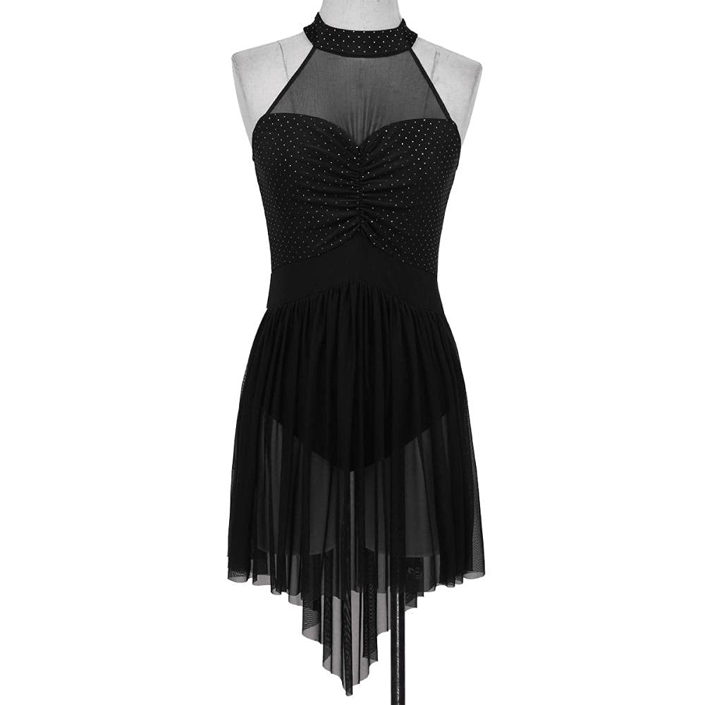 Damen Nachthemden & Nachthemden Damen Ballerina Tanzkurs Kleid Neckholder Polka Dots Unregelmäßiger Tüllsaum Gymnastik Trikot Tanzkleid für Damen (Schwarz M)