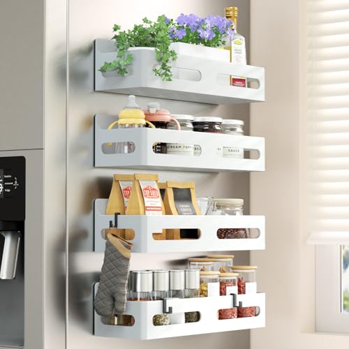 Image of Sevenblue 4-Pack Magnetic Spice Rack for Refrigerator with Hooks, White | Strong multipurpose magnetic shelf for kitchen & bathroom organization. Includes 4 removable hooks for hanging items.