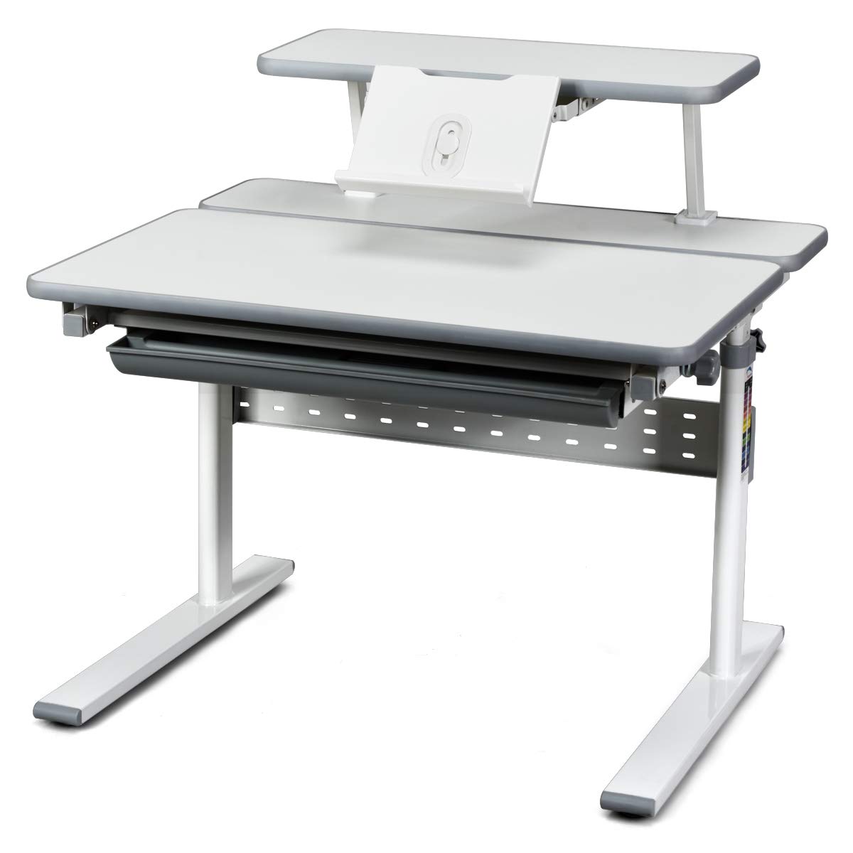 BABY JOY Kids Desk, Height Adjustable, Kids Interactive Workstation with Bookshelf, Tilted Desktop and Storage Drawer, Children Teens Study Table for Writing, Reading and Drawing (Gray)