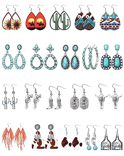 Sasylvia 20 Pairs Vintage Bohemian Earrings Set Western Cowgirl Cowboy Women Faux Turquoise Alloy Leather Wood Teardrop Dangle Earrings Boho Teardrop Hoop Jewelry For Girls Gifts #TOP23