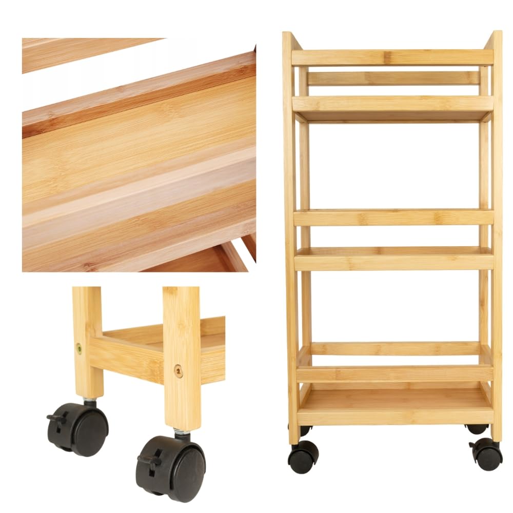 ZOLTA Bambus Rollregal schmal mit 3 Ablagen auf Rollen 74,5×36×15 cm stabil mobil für Bad Küche Vorratsraum Büro Kinderzimmer Garage Organizer Regalwagen mit Bremse natürlich pflegeleicht
