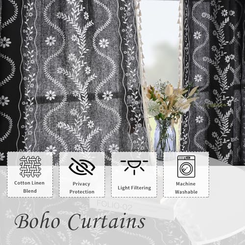 Image of Schweek Boho Tassels Curtains 63 Inches Long 2 Panels for Living Room Black
