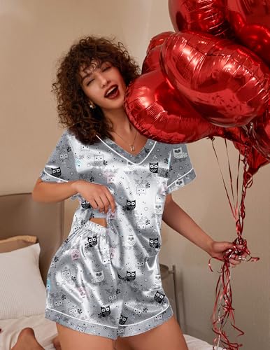 Image of Ekouaer Silk Pajama for Women Short Sleeve Satin Pj Set Two Piece Soft Sleepwear Loungewear S-XXL