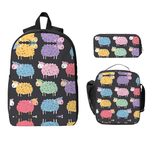 Cute colorful sheep cartoon pattern print Backpack 3pcs Set Including 17 Inch Large BookBag With Lunch Bag And Practical Pen Bag2