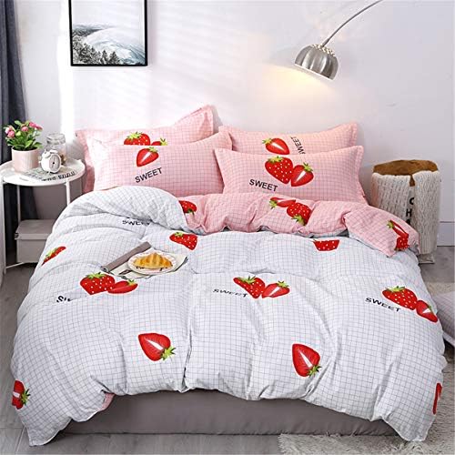 Meiju Duvet Cover Set Single Double King Size 4 Pieces, Bedding Set Strawberry Print Reversible Microfiber Soft Duvet Set for Girls Boys with Quilt Case Pillow Cases Flat Sheet (150x200cm,Red)